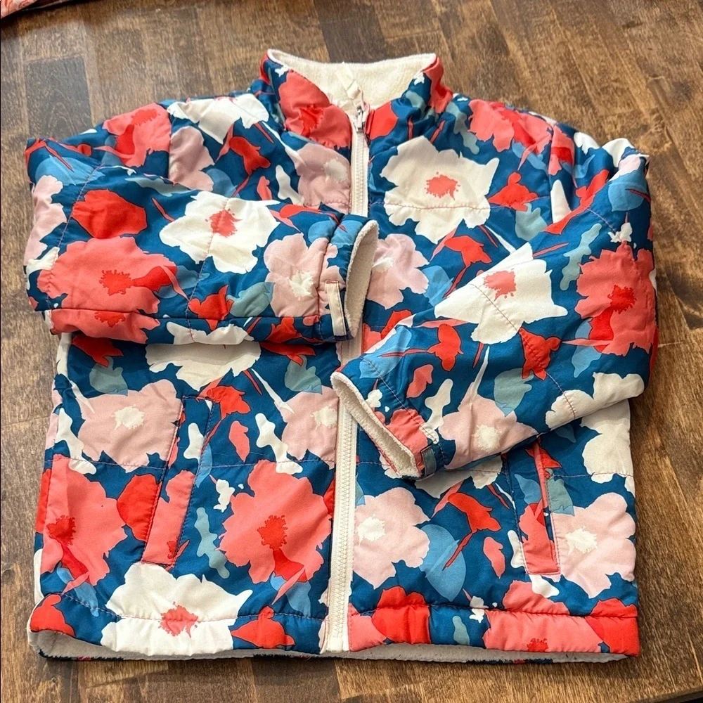 Floral Zip Up Fleece Lined Puffer Coat Jacket - Teal & Coral Size 3T